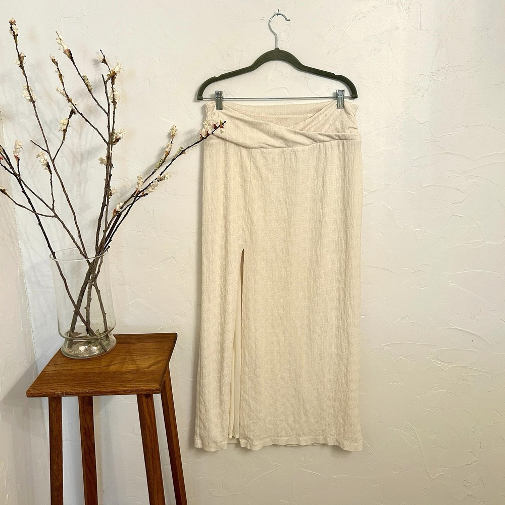 Free People Cream Textured High Rise Maxi Skirt with Slit OB1670937 Size L Boho